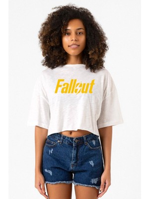 Fallout Lettern Beyaz Kırçıllı Kadın Crop Tshirt