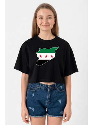 Suriye Yeni Bayrak Siyah Kadın Crop Tshirt