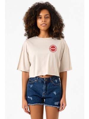 Chicago Fire Logo Bej Kadın Crop Tshirt