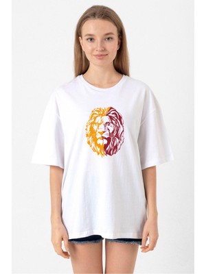 Sarı Kırmızı Aslan Beyaz Kadın Oversize Tshirt