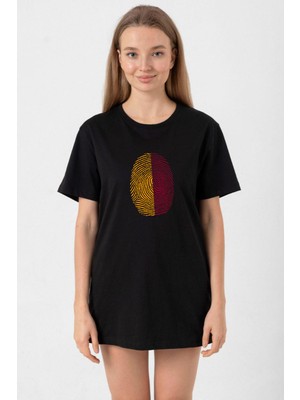 Sarı Kırmızı Parmak Izi Siyah Kadın Oversize Tshirt
