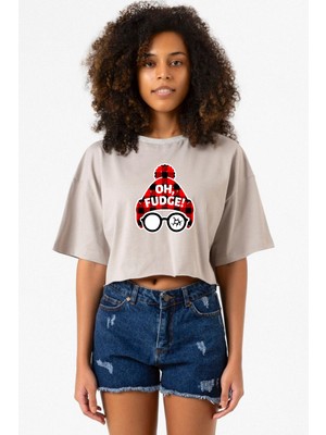 Oh Fudge Christmas Taş Rengi Kadın Crop Kapşonlu