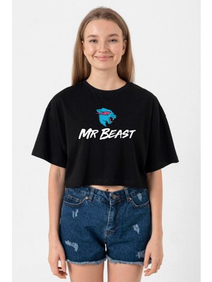 Mr Beast Siyah Kadın Crop Tshirt