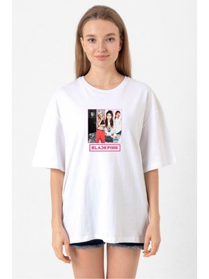 Black Pink Band Beyaz Kadın Oversize Tshirt