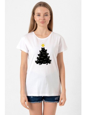 Meowy Christmas Beyaz Kadın Bisikletyaka Tshirt