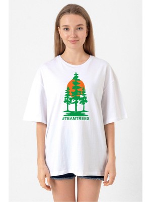 Mr Beast Team Trees Beyaz Kadın Oversize Tshirt
