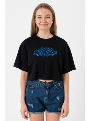 Beyblade Logo Siyah Kadın Crop Tshirt