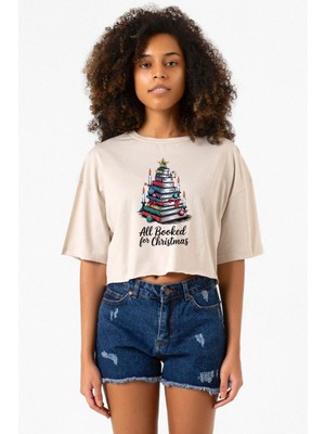 All Booked For Christmas Bej Kadın Crop Tshirt
