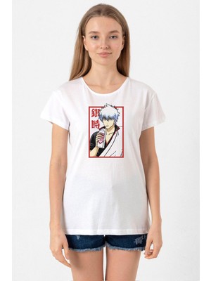 Gintama Anime Gintoki Fruit Juice Beyaz Kadın Bisikletyaka Tshirt
