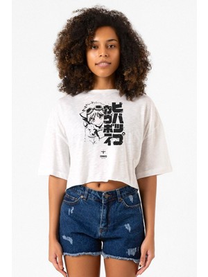 Cowboy Bebop Vintage Ein And Ed Beyaz Kırçıllı Kadın Crop Tshirt