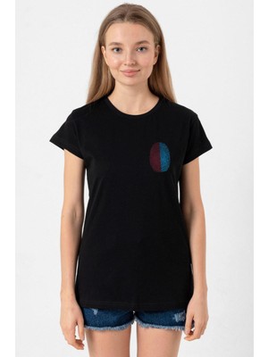 Bordo Mavi Parmak Izi Siyah Kadın Tshirt