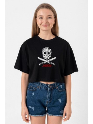 Friday The 13TH Jason Mask Siyah Kadın Crop Tshirt