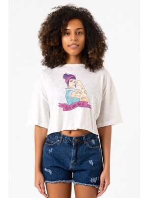 We Can Do It Beyaz Kırçıllı Kadın Crop Tshirt