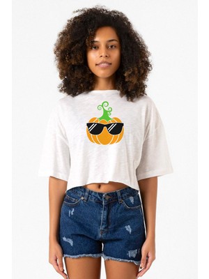 Cool Pumpkin Beyaz Kırçıllı Kadın Crop Tshirt