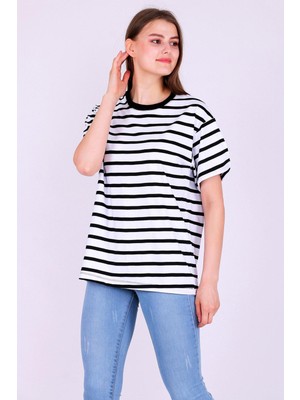 Kalın Çizgili Kadın Oversize Çizgili Basic Tshirt