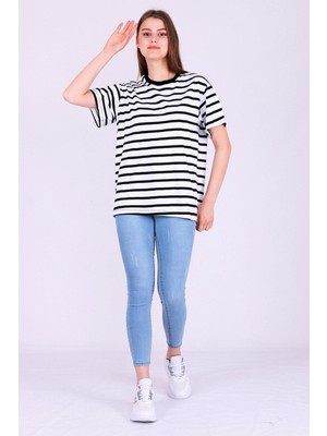 Kalın Çizgili Kadın Oversize Çizgili Basic Tshirt