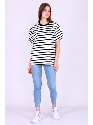 Kalın Çizgili Kadın Oversize Çizgili Basic Tshirt