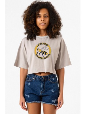 Wiskayok Yellowjackets Logo Taş Rengi Kadın Crop Kapşonlu