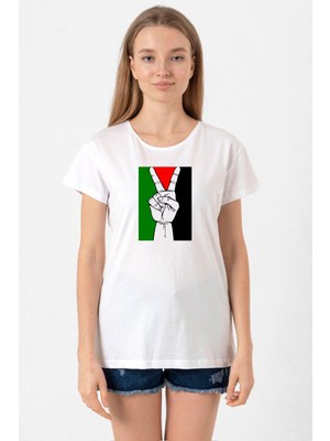 Free Hand Palestine Flag Beyaz Kadın Bisikletyaka Tshirt