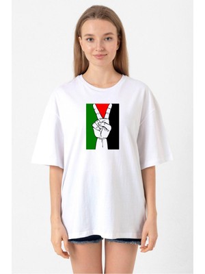 Free Hand Palestine Flag Beyaz Kadın Oversize Tshirt