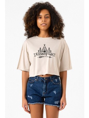 Camping Life Bej Kadın Crop Tshirt