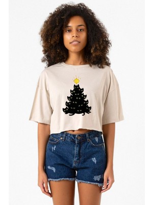 Meowy Christmas Bej Kadın Crop Tshirt