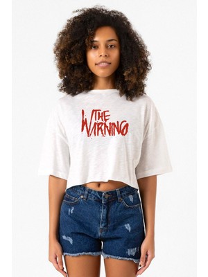 The Warning Logo Beyaz Kırçıllı Kadın Crop Tshirt