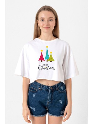 Merry Christmas Beyaz Kadın Crop Tshirt