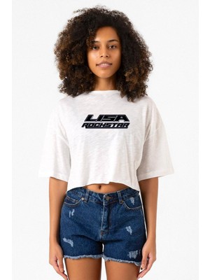 Lisa Rockstar Beyaz Kırçıllı Kadın Crop Tshirt