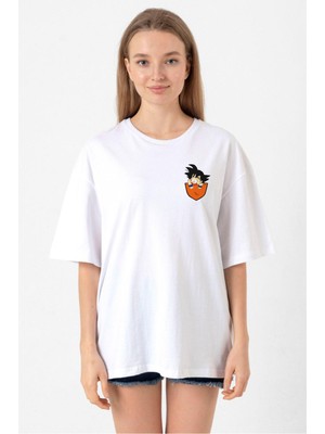 Dragon Ball Z Anime Son Goku Pocket Beyaz Kadın Oversize Tshirt