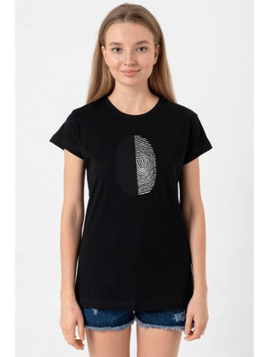 Siyah Beyaz Parmak Izi Siyah Kadın Tshirt