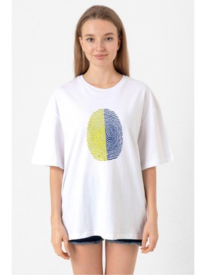 Sarı Lacivert Parmak Izi Beyaz Kadın Oversize Tshirt