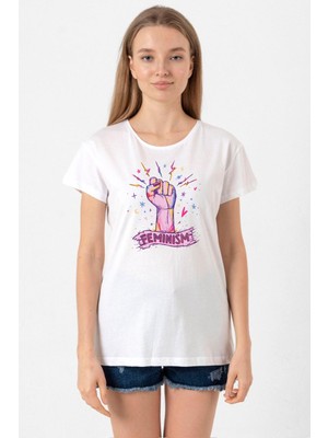 Colorful Feminism Hand Beyaz Kadın Bisikletyaka Tshirt