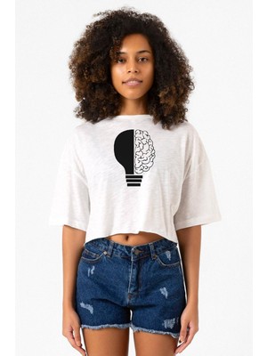 Lightbulb & Brain Beyaz Kırçıllı Kadın Crop Tshirt