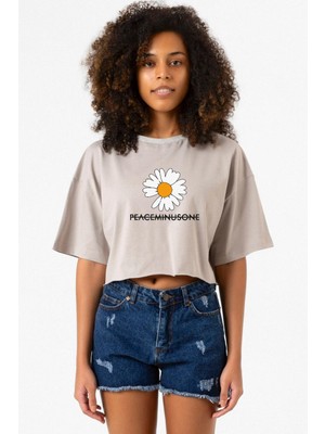 G-Dragon Peaceminusone Taş Rengi Kadın Crop Kapşonlu