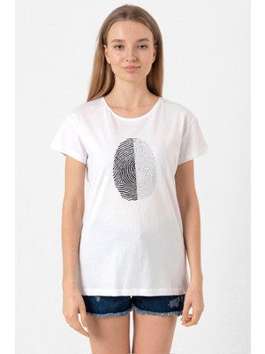 Siyah Beyaz Parmak Izi Beyaz Kadın Bisikletyaka Tshirt