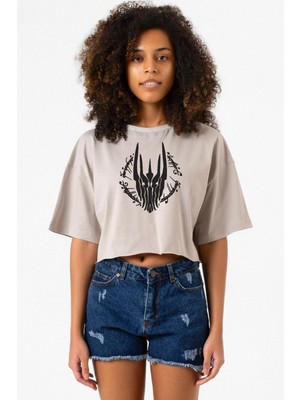 The Rings Of Power Sketch Taş Rengi Kadın Crop Kapşonlu