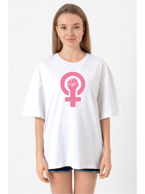 Pink Venus Symbol Hand Beyaz Kadın Oversize Tshirt