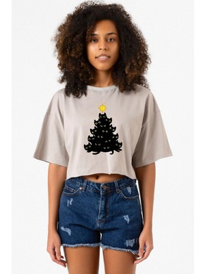 Meowy Christmas Taş Rengi Kadın Crop Kapşonlu