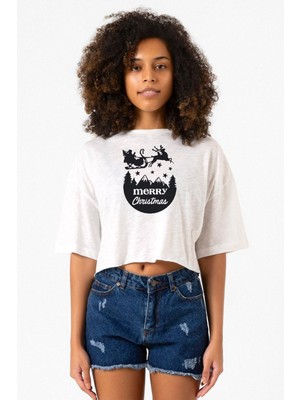 Merry Christmas Sleigh Beyaz Kırçıllı Kadın Crop Tshirt