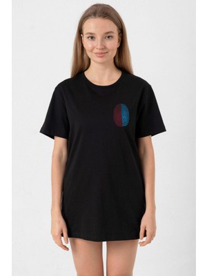 Bordo Mavi Parmak Izi Siyah Kadın Oversize Tshirt