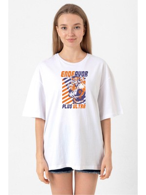 My Hero Academi Anime Endeavor Plus Ultra Beyaz Kadın Oversize Tshirt