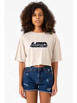 Lisa Rockstar Bej Kadın Crop Tshirt