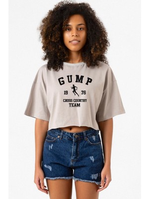 Forrest Gump Cross Country Team Taş Rengi Kadın Crop Kapşonlu