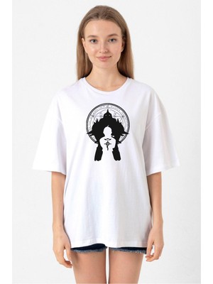 Fullmetal Alchemist Anime Logo Beyaz Kadın Oversize Tshirt