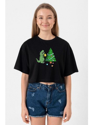 Dinosaur Christmas Tree Siyah Kadın Crop Tshirt