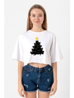 Meowy Christmas Beyaz Kadın Crop Tshirt