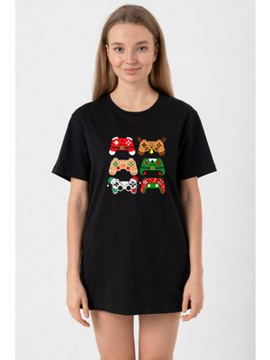 Video Game Controller Christmas Siyah Kadın Oversize Tshirt