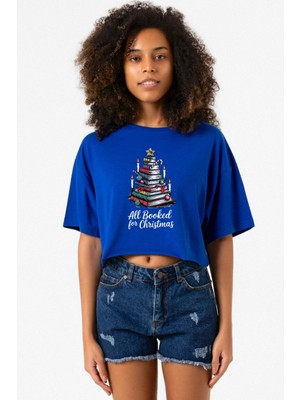 All Booked For Christmas Mavi Kadın Crop Tshirt
