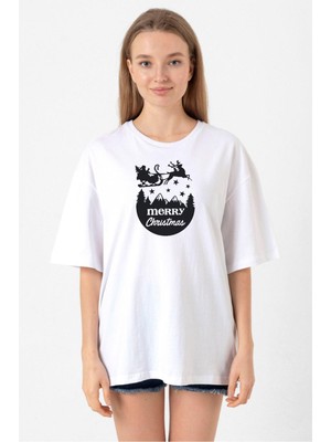 Merry Christmas Sleigh Beyaz Kadın Oversize Tshirt